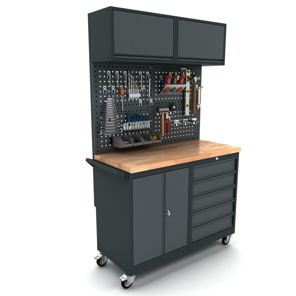 TOOLBOX4YOU Verrijdbare werkbank 2 deuren 5 laden kast incl. gereedschapswand en bovenkast