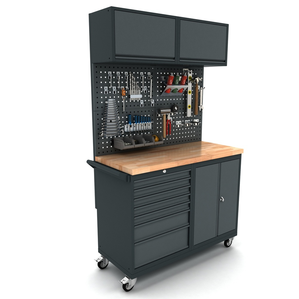 TOOLBOX4YOU Verrijdbare werkbank 2 deuren 7 laden kast incl. gereedschapswand en bovenkast