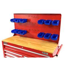 HBM achterwand met 12 bakken en 12 haken voor de HBM 117 Cm verrijdbare gereedschapswagen ROOD