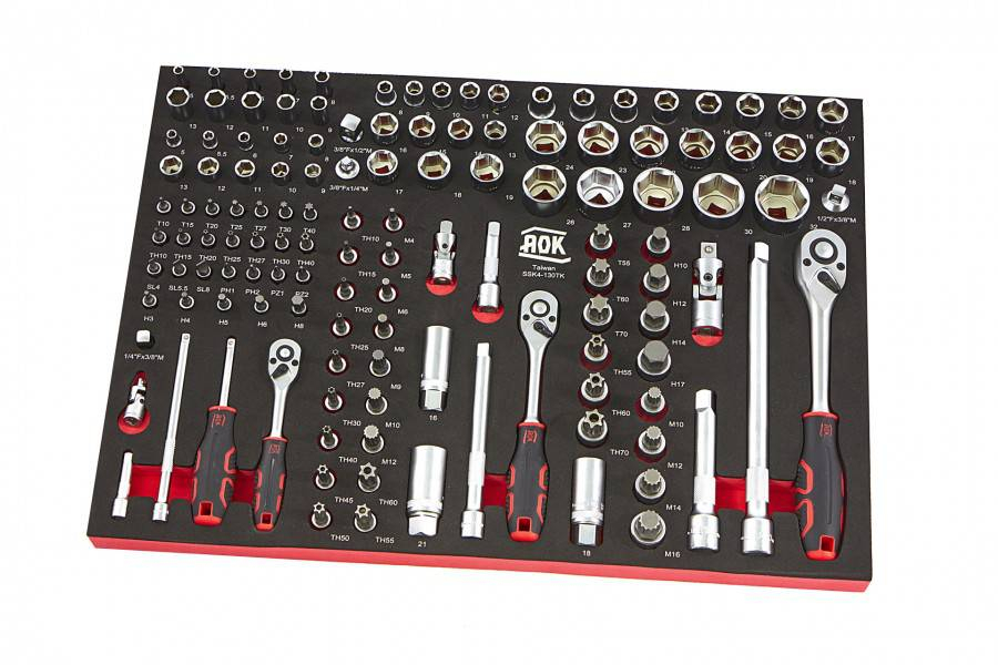 AOK PROFI 130-delige 1/4", 3/8", 1/2"doppenset FOAM inlay