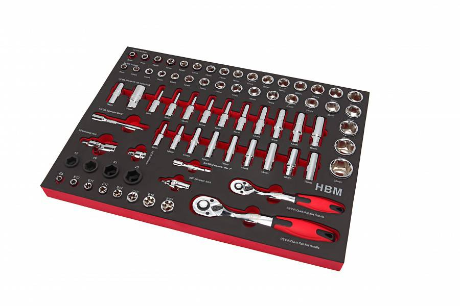 HBM PROFI 74-delige 3/8", 1/2"doppenset FOAM inlay